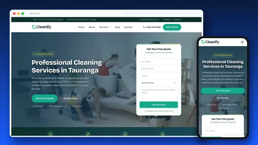 Cleanify website designed by Crew Innovations – cleaning company in Tauranga, New Zealand