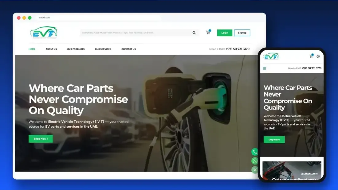 Electric Vehicle Technology website designed by Crew Innovations – car parts supplier in Dubai