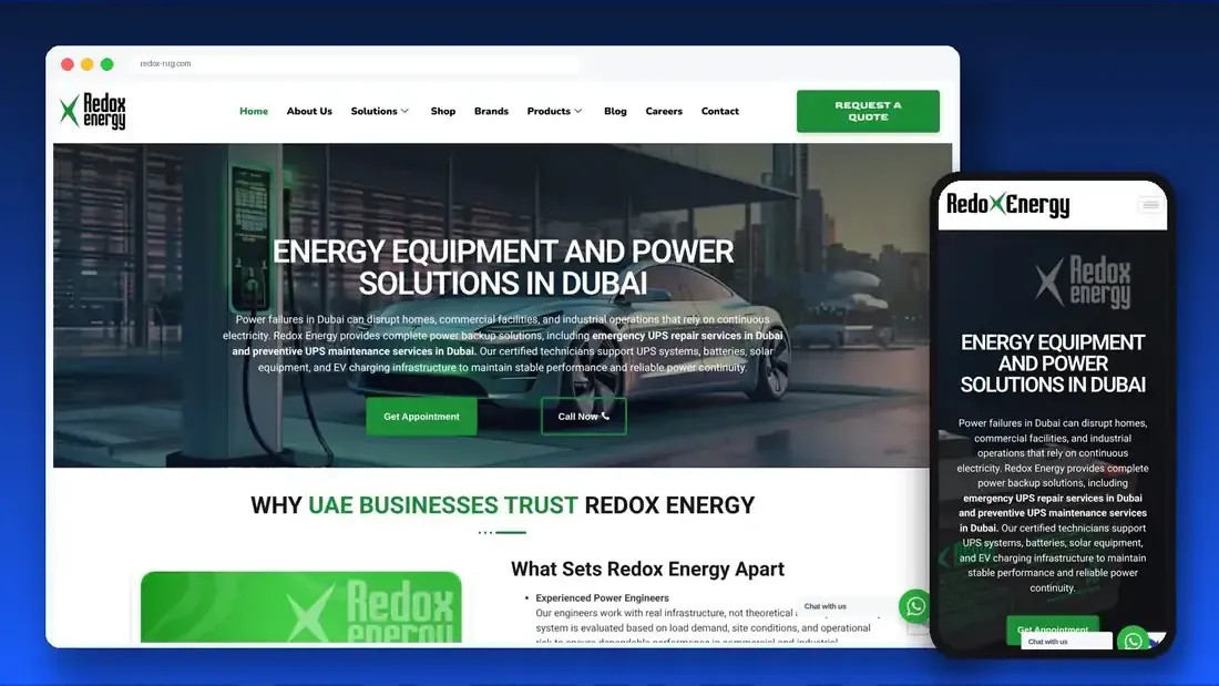 Redox Energy website designed by Crew Innovations – energy equipment supplier in Dubai