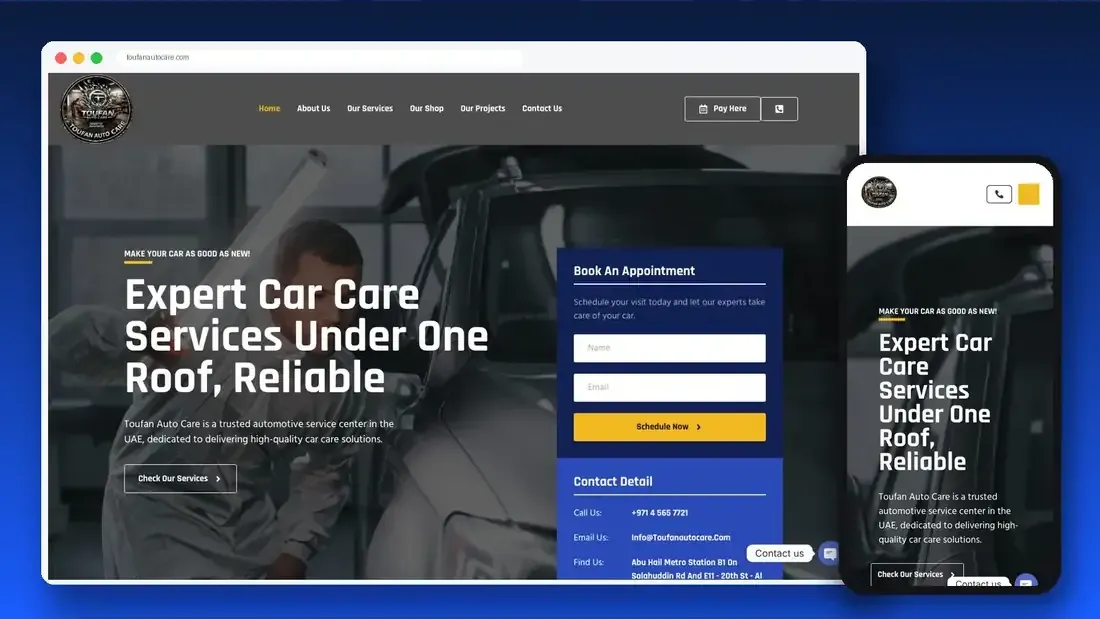 Toufan Auto Care website designed by Crew Innovations – car service garage in Dubai