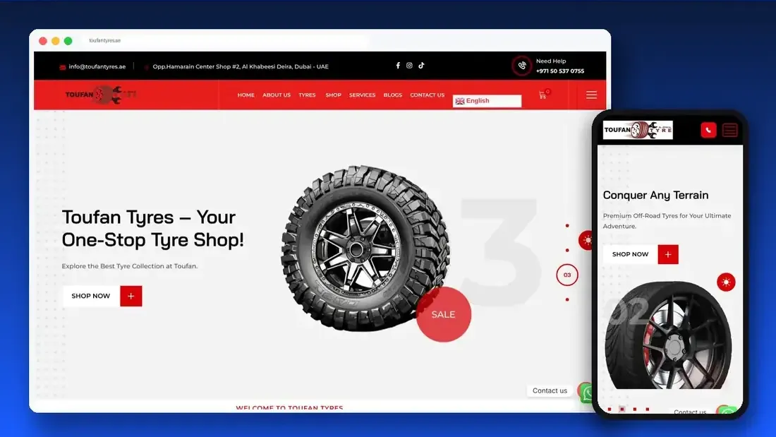 Toufan Tyres website designed by Crew Innovations – tyre shop in Dubai
