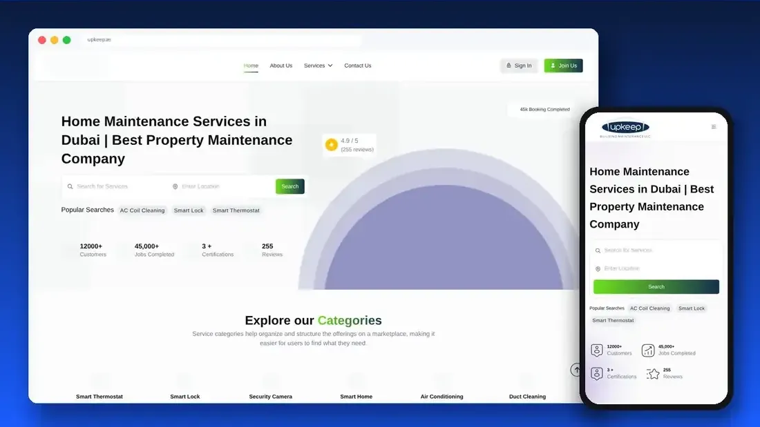 Upkeep website designed by Crew Innovations – home maintenance company in Dubai